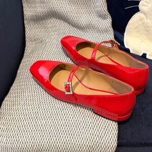 Red Patent Mary Jane Flats with Crystal Buckle Accent